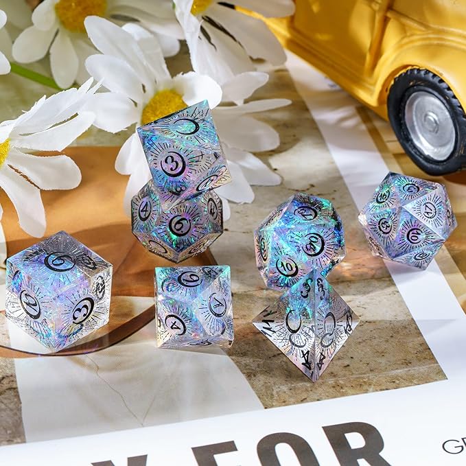 Cusdie Sharp Edges DND Dice, 7 PCs Moon Dice Set D&D Dice, Handcrafted Polyhedral Dice Set, for Role Playing Game Pathfinder(Moon/Black)