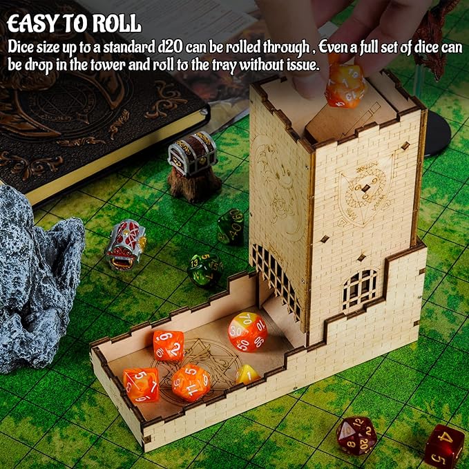Castle Dice Tower with Tray Wood Laser Cut Dragon Carving Easy Roller Perfect for Board Game, D&D and RPG (Castle)