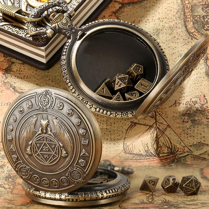 Mini DND Dice Set Dragon Bronze Pocket Watch Shell Case, 7pcs Polyhedral Metal D&D Dice Set, DND Gifts with Gift Box, D&D Gift, Role Playing Board Games Accessories
