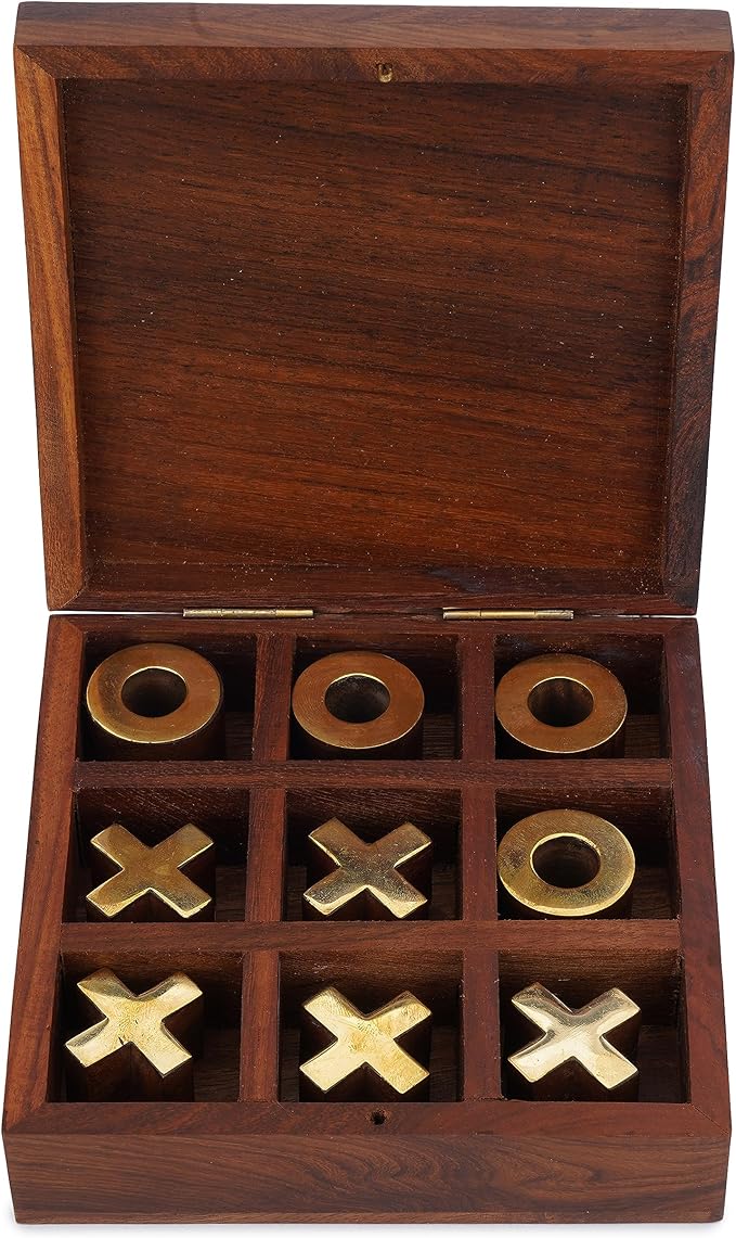 Ajuny Tic Tac Toe Wooden Board with Storage Box – Handcrafted in India with Brass Inlay, Stylish Tabletop Decor, 2 Player Family Toy for Indoor, Outdoor & Travel, Unique Gift Idea