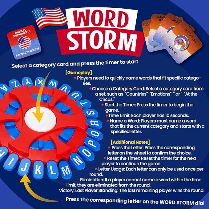 26 Letters Word Games, 36 Cards with 144 Categories Think Game, Quick Thinking Letter Pressing Word Game, Fast-Paced Board Game, A Great Board Game for Family and Friends