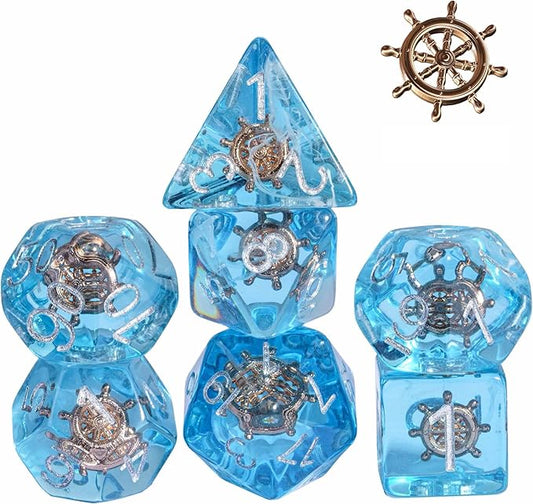 UDIXI 7PCS Polyhedral Dice Set D&D Filled with Rudder, Blue DND Dice with White Floating Silk for Dungeons and Dragons RPG and Other Tabletop Games