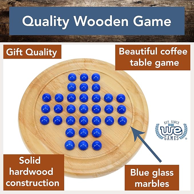 WE Games Solid Wood Marble Solitaire Game, Blue Glass Marbles Game, Marble Board Game, Wooden Games, Table Games, Home Decor, Marble Game Great for Living Room Decor, Birthday Gifts, Coffee Table Game