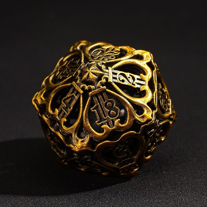 Cusdie 7-Die Metal Dice Set - Hollow Design with Bells - Crisp Sounding Gaming Dice in Tin Box - Perfect for Tabletop RPGs & Board Games(Ancient Gold)