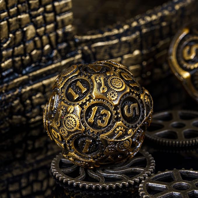 Metal Dice Set D&D, 7-Die DND Dice Metal Gear Dice with Gift Bag for DND Dungeons and Dragons Role Playing Games(Antique Gold)