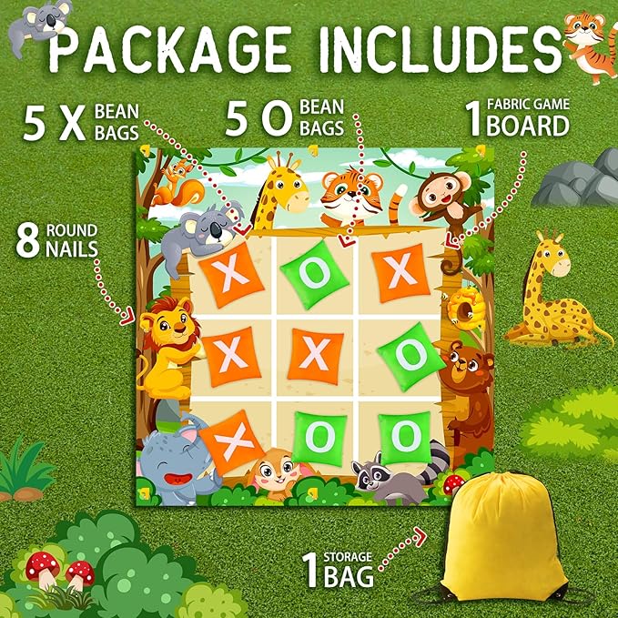 Capoda 20 Pcs Tic Tac Toe Game Set Bean Bag Toss Game Tic Tac Toe Cloth with Bean Bag Storage Pouches Ground Nails for Family Camping Indoor Outdoor Party Toss Games Supplies(Bright,Jungle Animal)