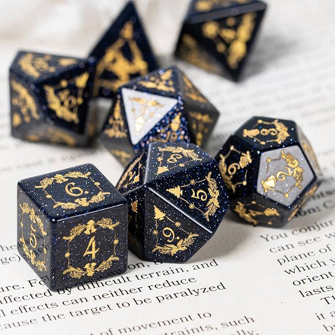 UDIXI Christmas Gemstone Dice Set, 7PCS Crystal DND Dice for Dungeons and Dragons, Handmade Stone Dice for Table Games (Blue Sandstone)
