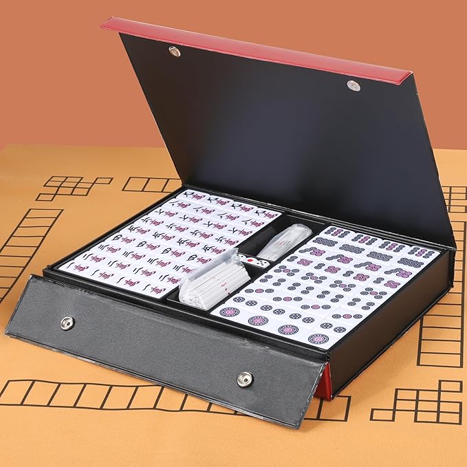 Japanese Riichi Mahjong Set, White and Yellow Tiles - with Red Box, East Wind Tile, Set of Scoring Sticks, Dices, and Mahjong mat.