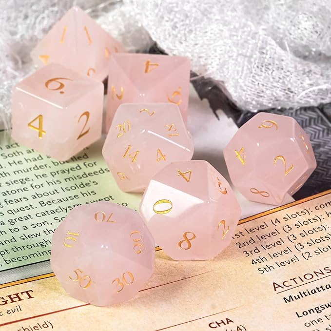 UDIXI Stone Dice Set D&D 7PCS Gemstone Dice Polyhedral DND Dice with Gift Case for Dungeons and Dragons Role Playing Games?Rose Quartz?