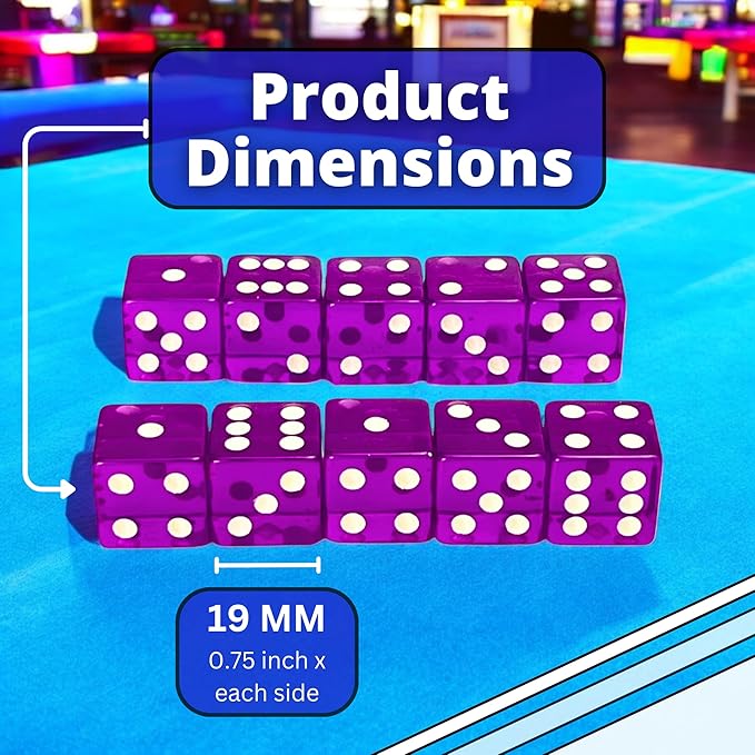 Luck Lab 10 Piece 19 mm Dice Pack - Acrylic and Translucent D6 Dice, Square w/Rounded Edge for Casino, Craps, RPG MTG DND Dice Table Games and Board Games (Purple)