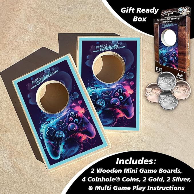 Desktop Coin Bouncing Party Set | Tabletop Cornhole Board | Small Travel Game Includes Coins