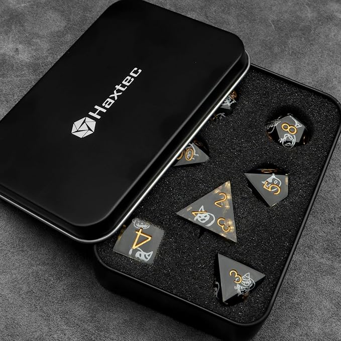 Haxtec Sticker Sharp Edge Dice Halloween Dice Resin DND Dice Set 7PCS Glow in The Dark Polyhedral D&D Dice for Dungeons and Dragons