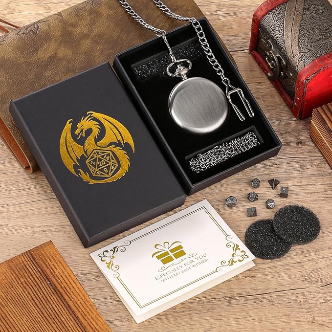 Mini DND Dice Set with Smooth Pocket Watch Shell Case, 7pcs Polyhedral Metal D&D Dice Accessories, DND Gifts with Box for Player, Role Playing Board Games Accessories, DND Gifts, Dark Silver