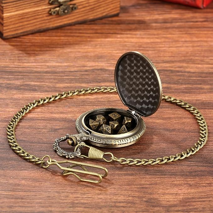 Mini DND Dice Set with Steampunk Dragon Pocket Watch Shell Case, Tiny 7pcs Polyhedral Metal D&D Dice, DND Gifts with Gift Box Greeting Card, Role Playing Board Games Accessories