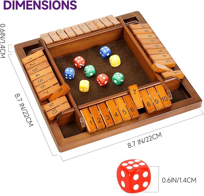 Shut The Box Dice Game, 10 Numbers Traditional Wooden Pub Bar Board Game, Family Classics Tabletop Version Games for Classroom, Party, or Pub