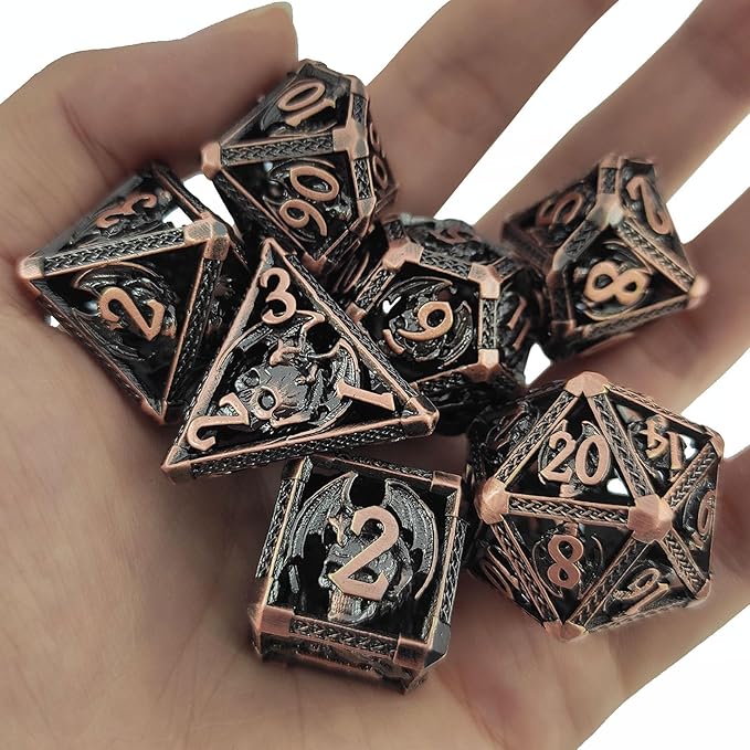 DND Dice Set D&D 7pcs Metal Hollow Dungeons and Dragons Polyhedron with Dice Bag Gift RPG MTG Role Playing Pathfinder Card Table Games D20 D12 D10 D% D8 D6 D4 Accessories-Red Copper
