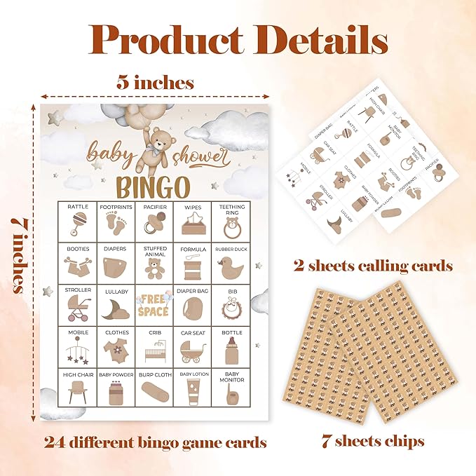 Baby Shower Games Bingo Cards, Bear Theme Bingo Game, Shower Game for Family Friends Large Multiplayer Group Activities, Bear Party Birthday Favors Gifts -14