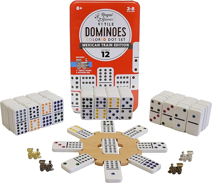 Regal Games Mexican Train Double 12 Dominoes Set for Adults & Kids - Domino Game with 91 Tiles Colored Dots & 4 Metal Trains - 2-8 Player Games & Ideal for Family Fun Game Night and Travel (Ages 8+)