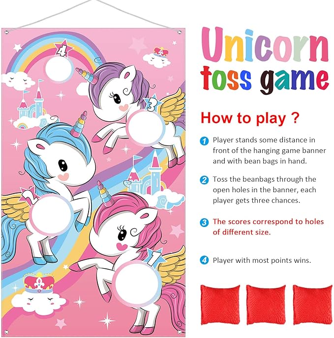 Blulu Unicorn Bean Bag Toss Game for Kids Outdoor Toys Unicorn Toss Game Banner with 3 Nylon Bean Bags Birthday Party Game Backyard Yard Activities for Toddler Birthday Gift for Girls
