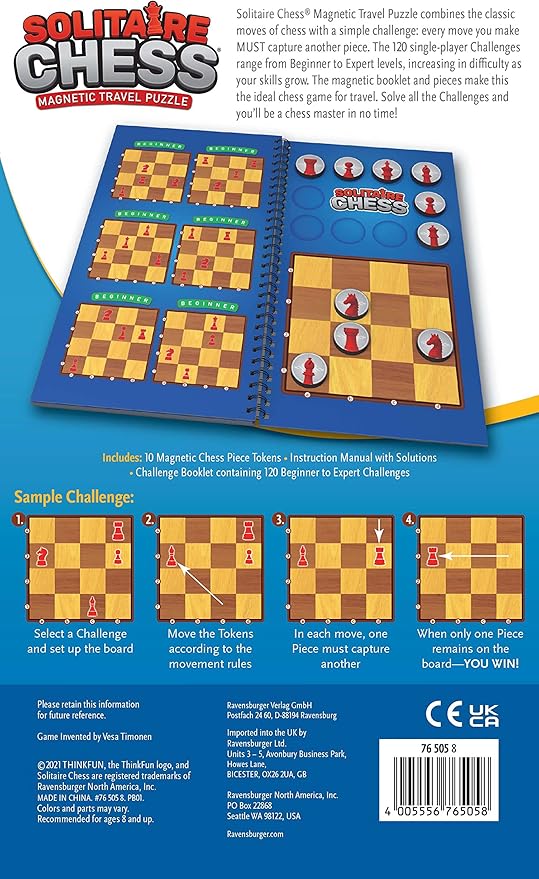 ThinkFun Solitaire Chess Magnetic Travel Puzzle - Engaging Logic Game & STEM Toy for Kids & Adults | Enhances Problem-Solving & Strategic Thinking | Ideal for Age 8 and Up | Travel-Friendly Design