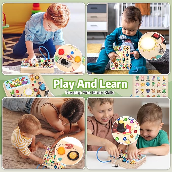 Dinosaur Busy Board with LED Light,Montessori Toy for 1+ Year Old,Engaging Sensory Board for Fine Motor Skills,Gifts & Travel Toys for Toddlers 1-3,Busy Board Plus Version.
