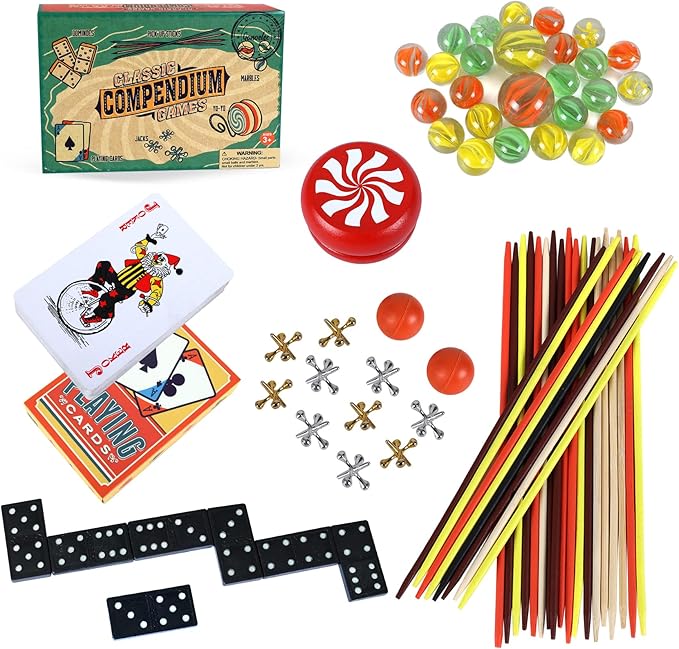 GOTHINK 6-in-1 Classic Games Set, Double 6 Dominoes, Metal Jacks Game with Ball, Pick Up Sticks, Playing Card, Marbles, YO-YO Board Games Kids Game for Family Games Night