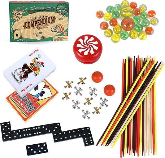 GOTHINK 6-in-1 Classic Games Set, Double 6 Dominoes, Metal Jacks Game with Ball, Pick Up Sticks, Playing Card, Marbles, YO-YO Board Games Kids Game for Family Games Night