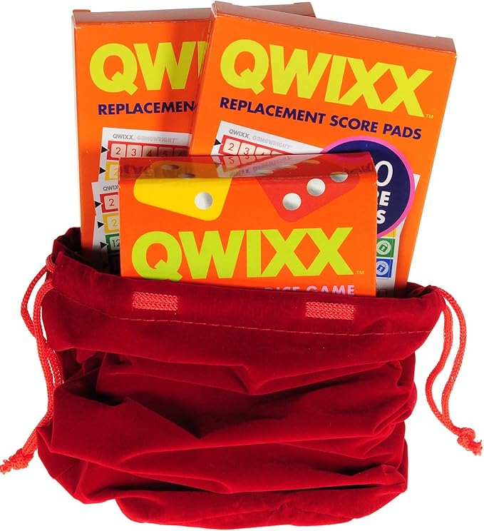 QWIXX Dice Game, 2 Replacement Scoresheet Packs, RED Velvet Drawstring Pouch, Bundled Items