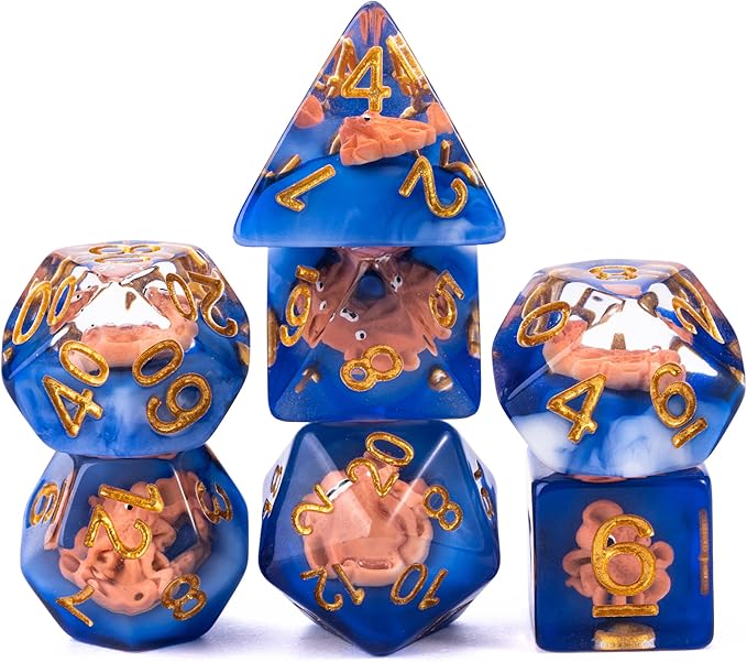UDIXI 7PCS Resin DND Dice Set, Blue D&D Dice Set Filled with Octopus for RPG Dungeons and Dragons Role Palying Games and Other Tabletop Games, d and d,