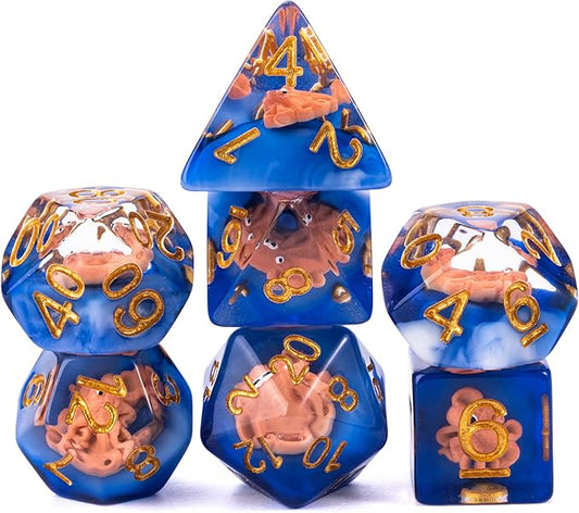 UDIXI 7PCS Resin DND Dice Set, Blue D&D Dice Set Filled with Octopus for RPG Dungeons and Dragons Role Palying Games and Other Tabletop Games, d and d,