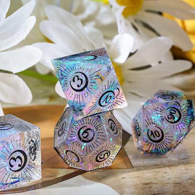 Cusdie Sharp Edges DND Dice, 7 PCs Moon Dice Set D&D Dice, Handcrafted Polyhedral Dice Set, for Role Playing Game Pathfinder(Moon/Black)