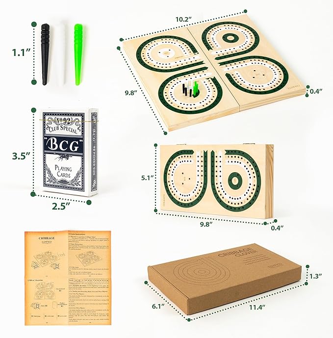 Foldable Wooden Cribbage Board Set, Unique 3-Track Travel Board with Storage & Magnetic Closure, 9 Multi-Colored Pegs, Full Playing Card Deck, Portable Family Game for Adults, Kids, Gatherings & Gifts