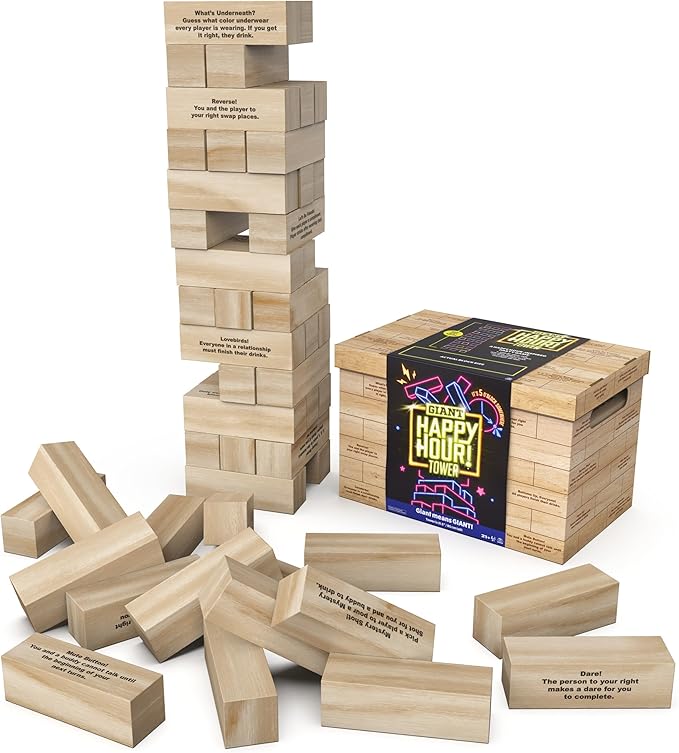 Spin Master Games, Happy Hour Tower, Giant Jumbling Wooden Blocks, College Game, Bachelorette Party, House Party, for Ages 18+