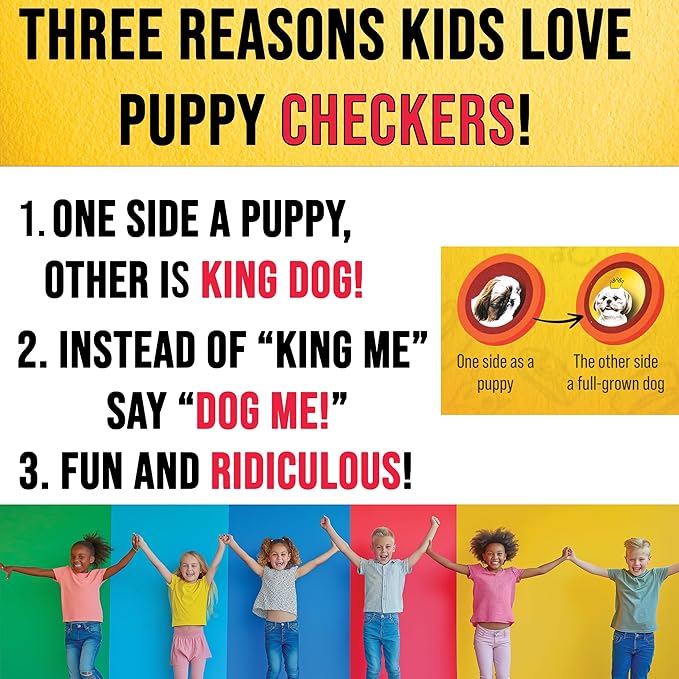 Puppy Checkers - Checkers Board Game for Kids who Love Dogs! Great Learning Games for Kids 8-12 and Also 4-8. Silly 56 Adhesive Dog Stickers Makes Checkers Better and Adults Love it for Game Night!