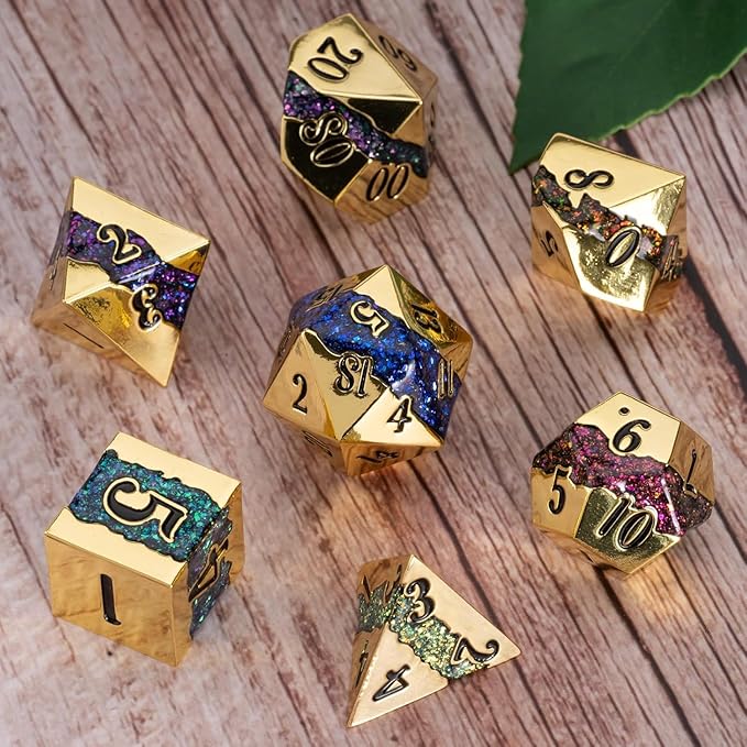 Metal DND Dice Set,Mica Glitter Stripe Dice Set with Gift Box,Metallic 7pcs Polyhedral Dice Set for RPG
