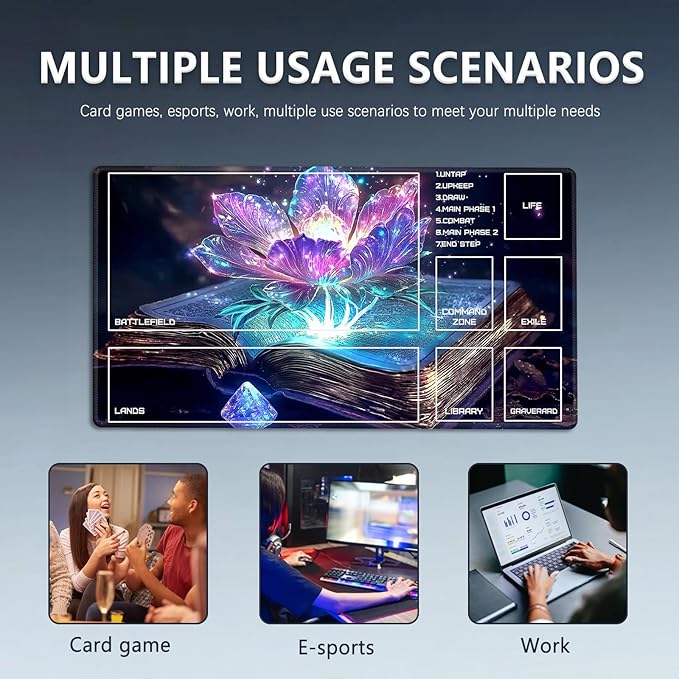 MTG Playmat Size 23.6x13.8in with Storage Bags Portable Playmat TCG and Board Game Mat for Cards Rubber Base Slip-Resistant Mousepad Desk Mat (Magic Lotus Flower,with Zone)