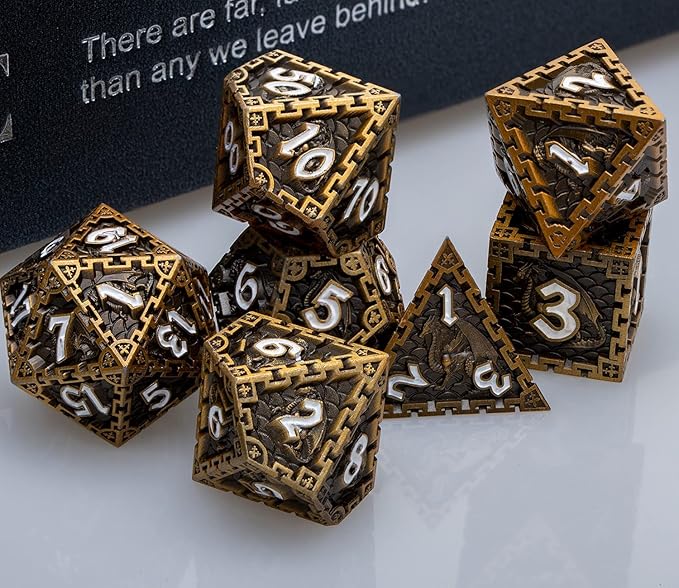 ARUOHHA DND Metal Dice Set Dragon Design Dice Set with Gift Box, Role Playing Games Antique Gold Polyhedral RPG D and D Dice D20 D12 D10 D8 D6 D4