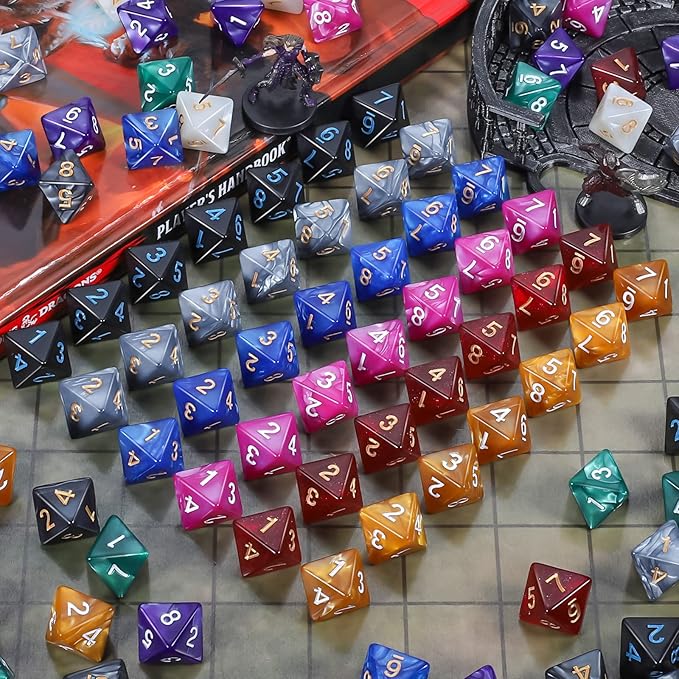 CiaraQ DND Polyhedral Dice (100pcs) with A Dice Bag Compatible with Dungeons and Dragons DND RPG MTG Role Playing Table Games (D8 dice, 10 colors-100 pcs)