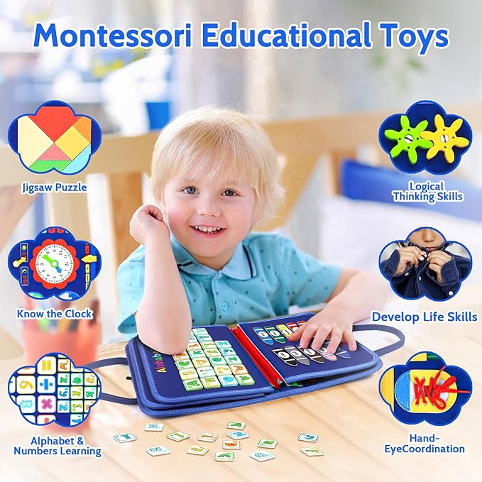 Busy Board Book,8 in 1Toddler Montessori Toys for 18 Months Toddler-Girls Birthday Gifts,Easter Sensory Toys for Toddlers,Alphabet Number Animal Educational Activities Toy for Motor Skills