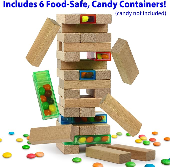 Funwares Wooden Blocks Stacking Game, Tumbling Tower and Balance Game, Family & Party Fun, Game for Kids and Adults, Ages 6+, Candy Stack - Add a Candy Twist to Stacking Games
