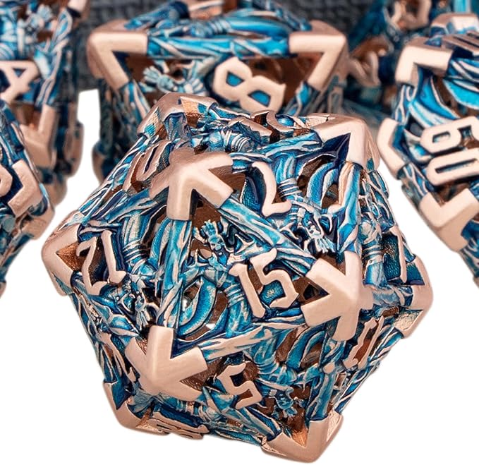Hollow DND Dice Set Metal Wizard Dice with Box, 7pcs Blue Polyhedral D and D Dice for use with D&D RPG Tabletop Games Role Playing Game