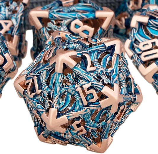 Hollow DND Dice Set Metal Wizard Dice with Box, 7pcs Blue Polyhedral D and D Dice for use with D&D RPG Tabletop Games Role Playing Game