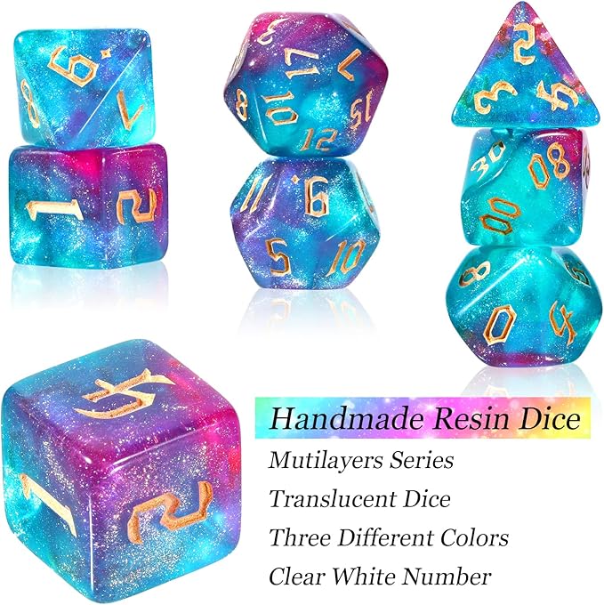 D20 Dice Set Dice Resin Translucent Colors Polyhedral Dice with Dice Box and Organza Bag Giant D4 D6 D8 D10 D12 D20 Dice Set for Role Play Games and Table Games