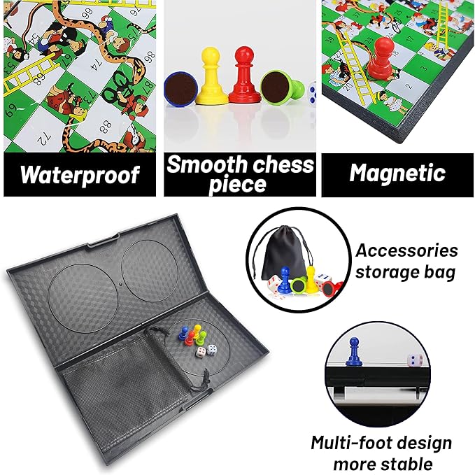 KIDAMI Magnetic Snakes and Ladders Board Game Set, Folding Portable Design, Family Travel Game Set Gift for Kids and Adults (11.2 inch x 11.2 inch)