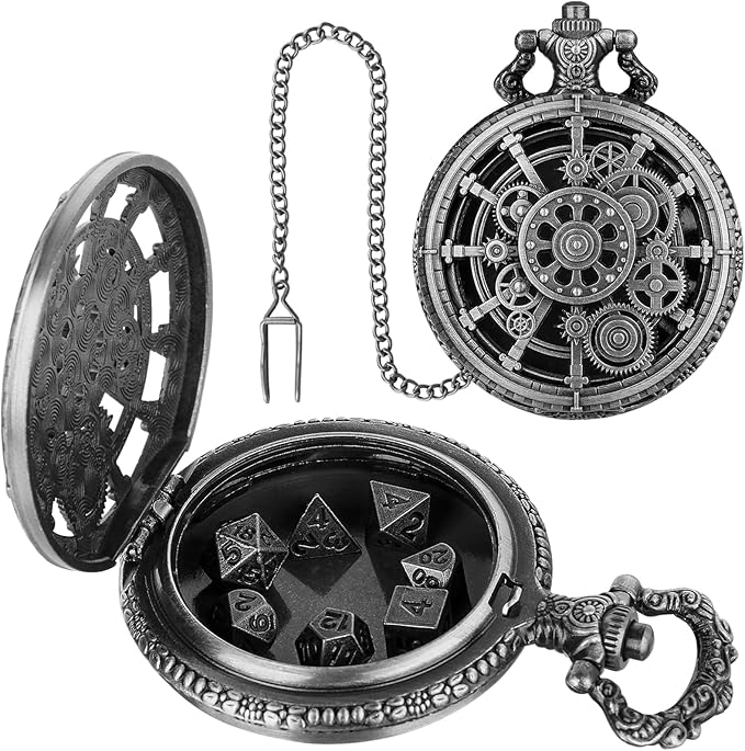 Mini DND Dice Set with Steampunk Dark Silver Hollow Gear Pocket Watch Shell Case, 7pcs Polyhedral Metal D&D Dice, DND Gifts with Gift Box for DND Lovers, Role Playing Board Games Accessories