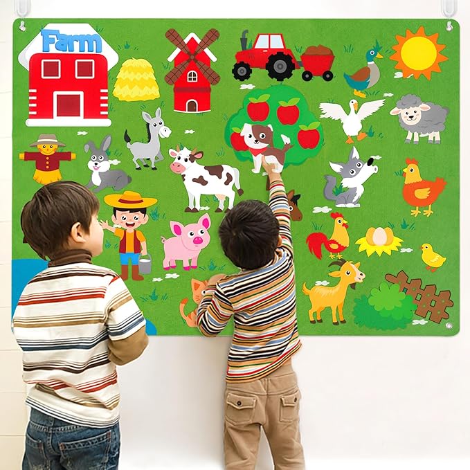 WATINC Farm Animals Felt Story Board Set 3.5Ft 38Pcs Preschool Farmhouse Themed Storytelling Flannel Barnyard Domestic Livestock Early Learning Interactive Play Kit Wall Hanging Gift for Kids