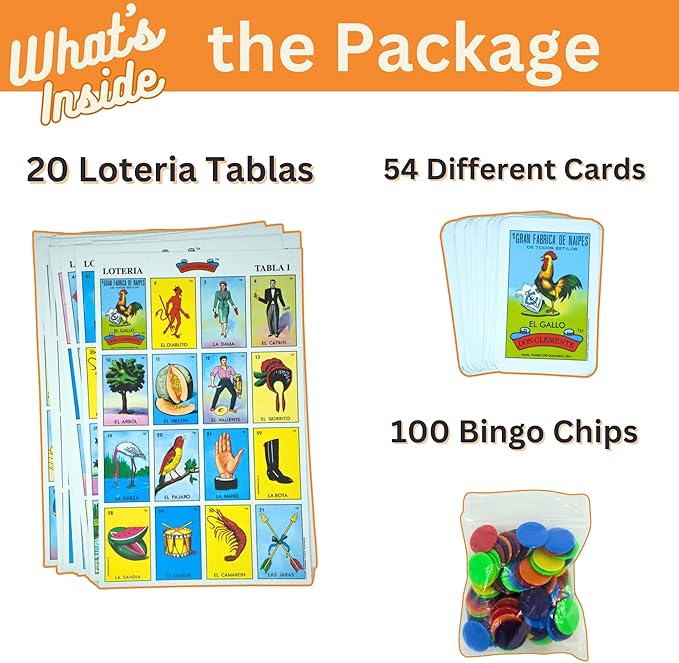 Premium Lotería Mexican Bingo Game Set - Complete with 100 Bingo Chips for 10 Players - Authentic Lotería de Lujo Mexicana - Colorful Loteria Cards (10 Players + 100 Chips)