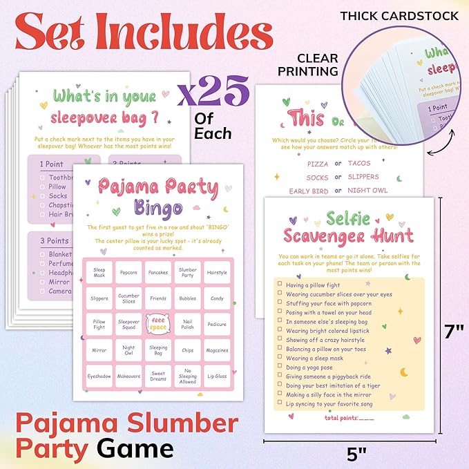Slumber Party Games For Girls 8-12 - Sleepover Games For Girls 10-12, Sleepover Party Game Ideas, Slumber Party Bingo Cards For Pajama Party Decorations, Sleepover Party Supplies for Girls