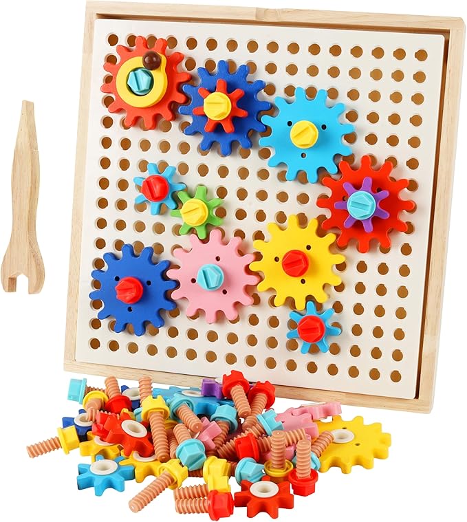 Montessori Gear Puzzle Game, Wooden Colorful Gears and Screws, Montessori-Inspired Learning, Educational Learning & Fine Motor Skills, for 3 4 5 6 7 8 9 Year Old