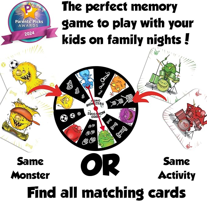 Hiding Monsters Memory Card Game for Kids with a Spinner Wheel - Fun and Easy-to-Play. Matching Memory Game for Kids 4-8 and 8-12 for Boys and Girls